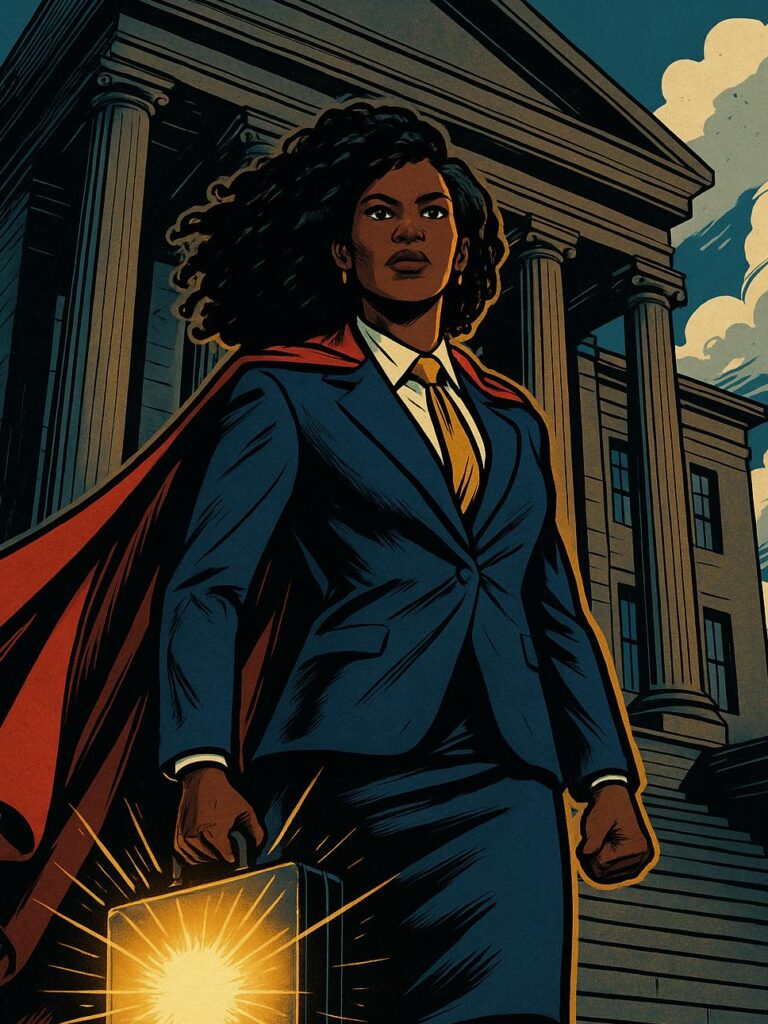 female attorney before courthouse holding shining gold briefcase.