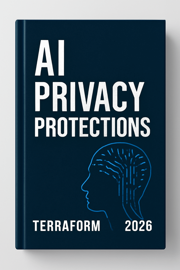 Book cover for AI Privacy Protections with human head and brain firing at synapses.