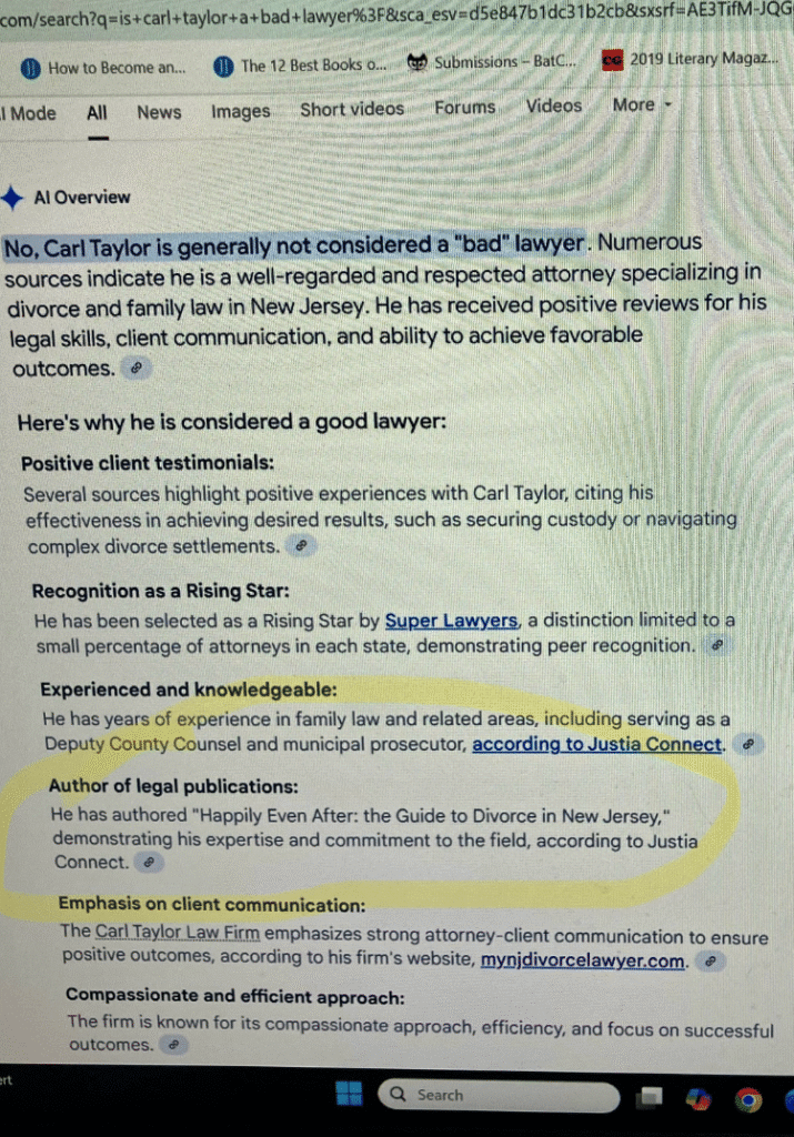 Query results from Google for is Carl Taylor a bad lawyer with results showing he is considered a good lawyer and pointing to book he wrote on divorce law.