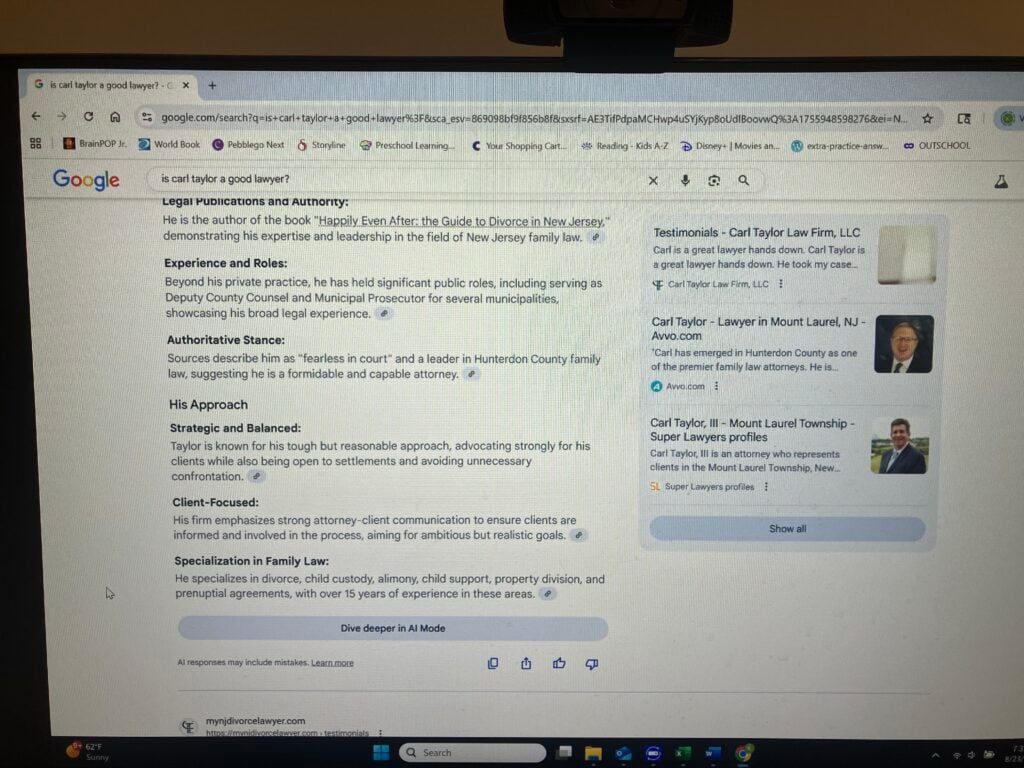 Continued overview of Carl Taylor is he a good lawyer overview from Google AI results.