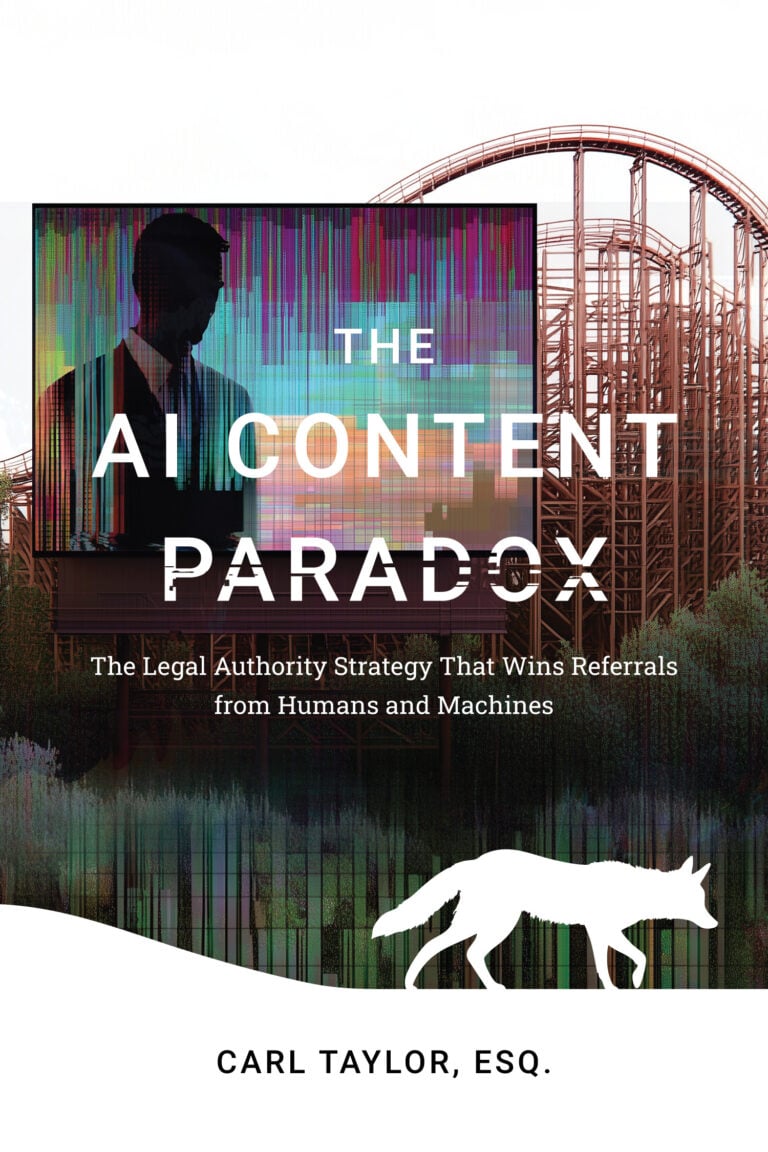 Cover of AI Content Paradox book showing attorney billboard underneath rickety wooden roller coaster with coyote escaping.